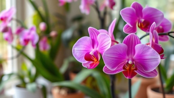 Vibrant pink moth orchids blooming indoors - gardening tips for moth orchids.