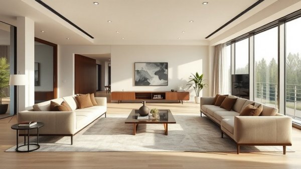 Sophisticated minimalist living room design 2025 with sleek furniture.