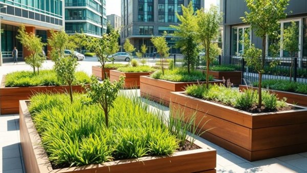 Modern sustainable garden design with raised planters and small trees in urban setting.