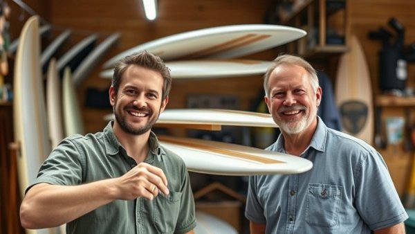 Men displaying surfboard rack DIY in garage workshop.