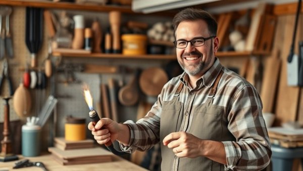 Man demonstrating Shou Sugi Ban wood preservation in workshop.