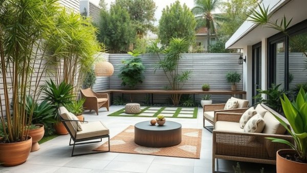 Stylish spa garden transformation with lush greenery and patio seating.