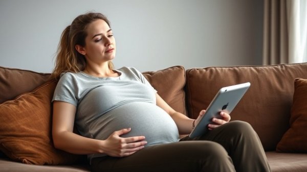 Pregnant woman with tablet addressing gestational diabetes healthcare inequities.