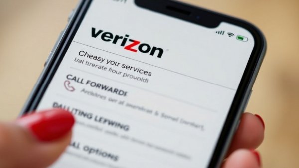 Close-up of smartphone with Verizon services menu, hand with red nails holding device.