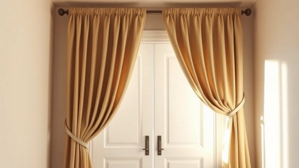 Elegant portieres curtain over door with open white-framed doorway.