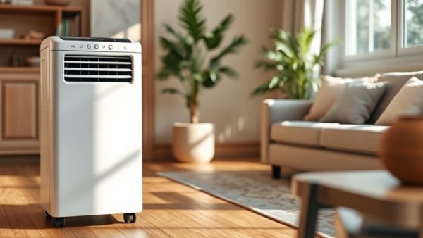 Modern portable air conditioner in a cozy living room poses air conditioner security risks.