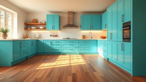 2026 flooring trends in a kitchen with polished wood and turquoise cabinets.