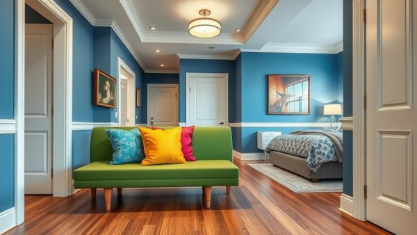 Bedroom suite foyer transformation with elegant decor and vibrant pillows.