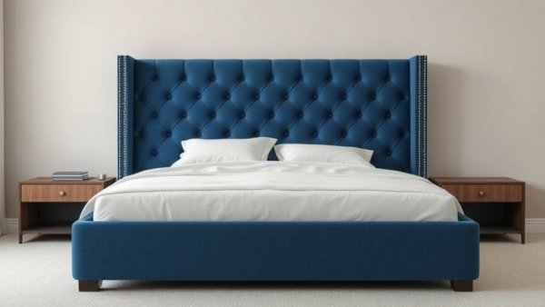 Elegant DIY upholstered bed with blue patterned headboard.