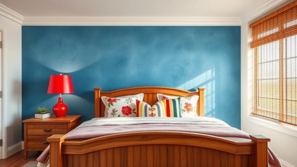 Accessible bedroom design with blue accent wall and colorful decor.