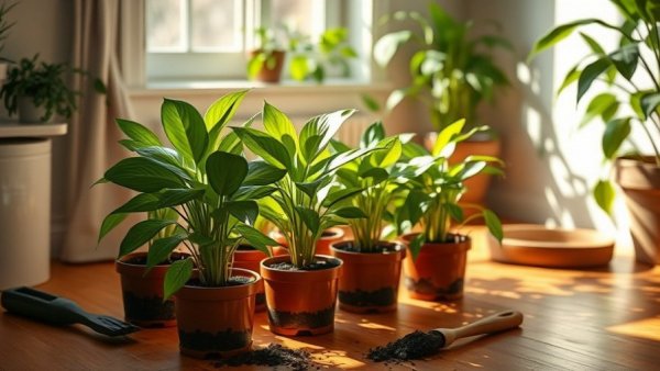 Potting soil for indoor plants used with repotted greenery on wooden floor.