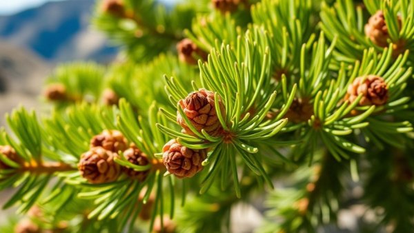 Close-up of bristlecone pine branches and cones in sunlight.