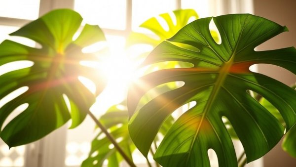 Monstera plant by window with sunlight on leaves for houseplant care.