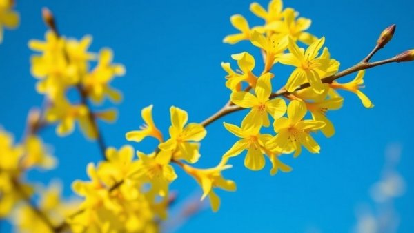 Vibrant yellow forsythia blooms under a blue sky.
