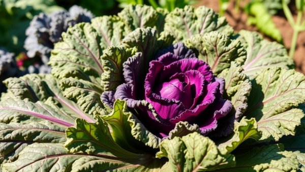 Colorful kale leaves in a garden setting for gardening tips.