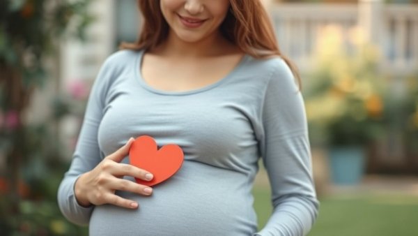 Pregnant woman holding a heart symbol, outdoors, managing pregnancy back pain relief.