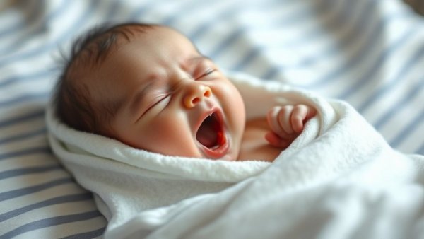 Newborn baby yawning wrapped in a blanket; baby fever management.