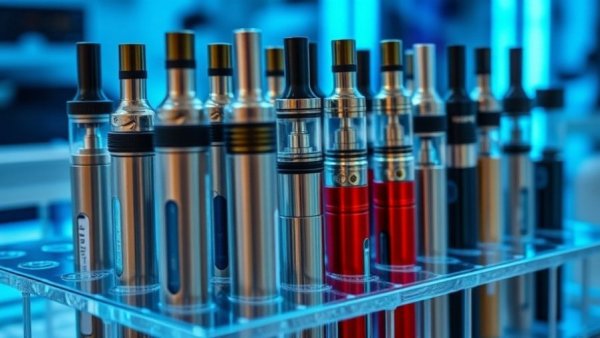 Vaping devices arranged in a test tube rack under blue lab lighting.