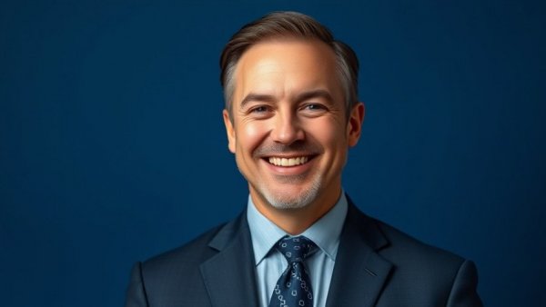 Professional portrait of a man in a navy suit, smiling.