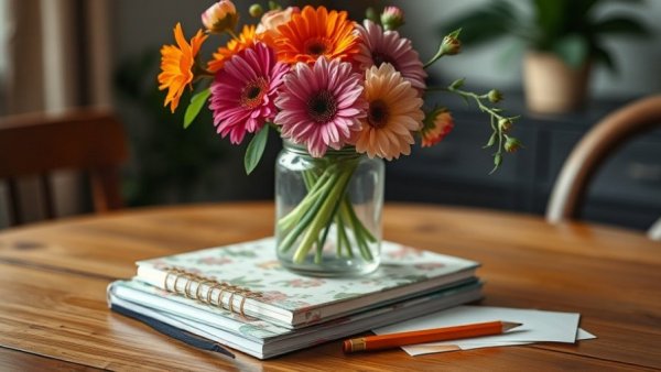 Floral journals and flowers on a table, create a garden journal.