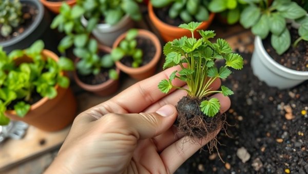 Hand holding herb seedling with roots, best soil for herbs scene.