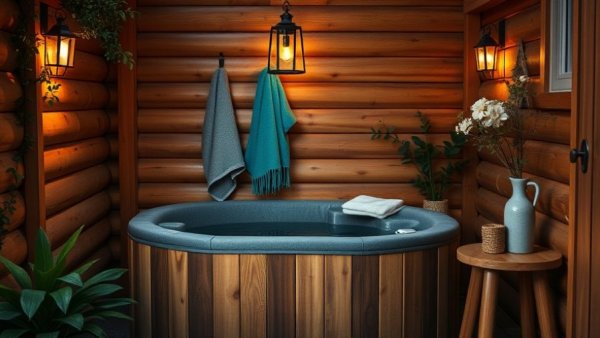 Cozy backyard hydrotherapy setup with hot tub and decor for hydrotherapy at home.