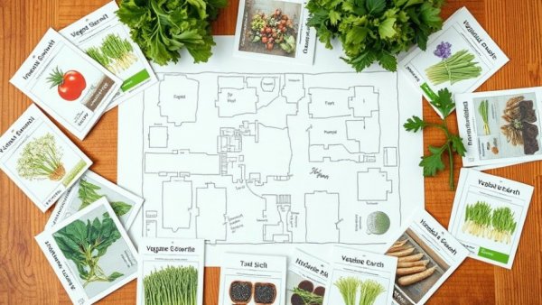 Vegetable garden layout with seed packets arranged on a table.