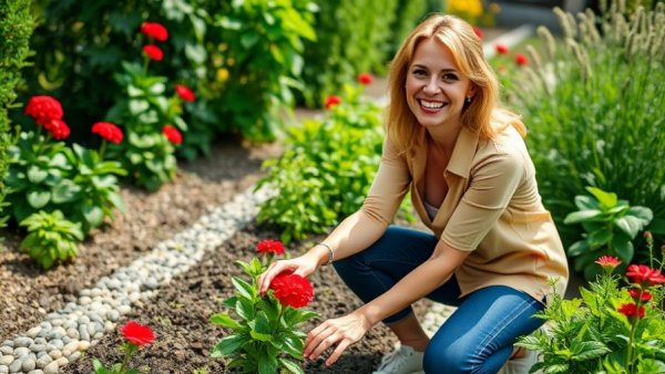 Woman gardening as a peaceful morning routine outside among plants.