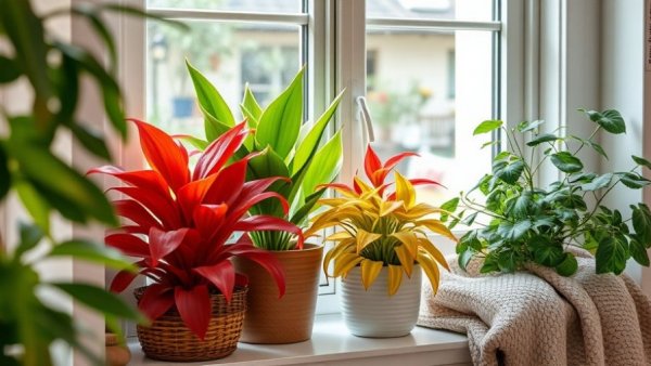 Houseplants on windowsill with winter care in natural light.