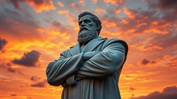 Statue of a man with arms crossed at sunset, orange sky backdrop.