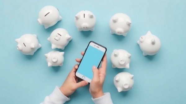 Hands using smartphone with piggy banks on blue background, smartphone tips for seniors.