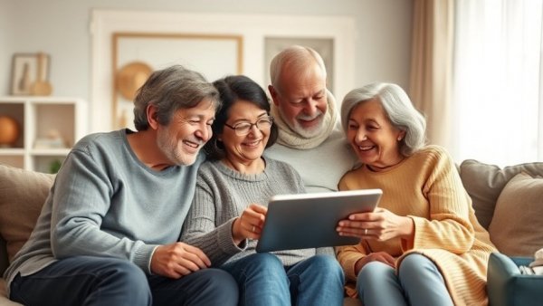 Multi-generational family sharing a moment around a tablet, US Black Heritage Project.