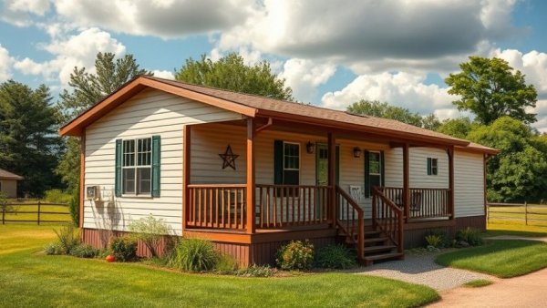 Affordable manufactured home with wooden porch in scenic rural setting.