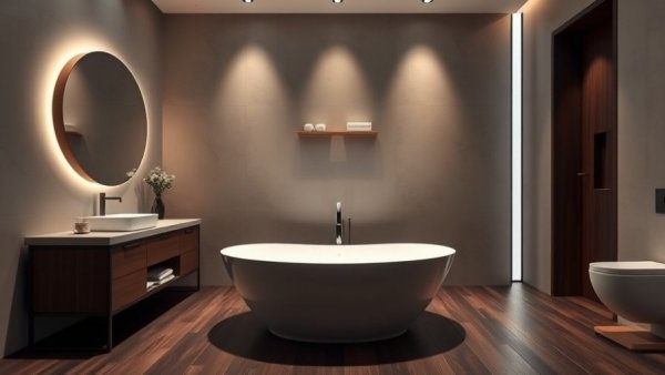 Modern bathroom with dark floor and elegant tub for floor heating upgrade.