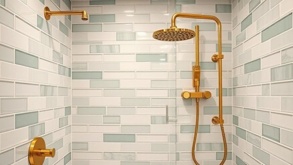 Bathroom design with brass fixtures including shower and faucet.