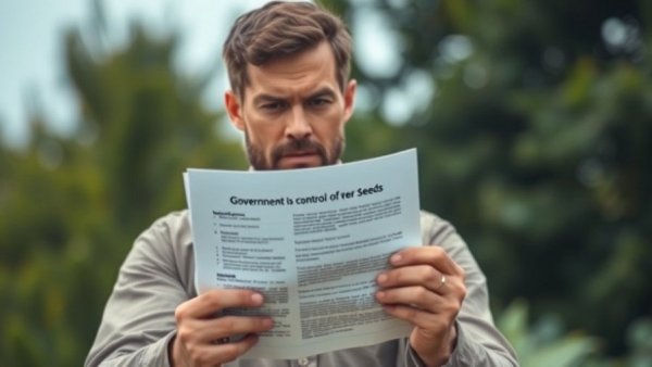 Man holding document on government control over seeds outdoors.