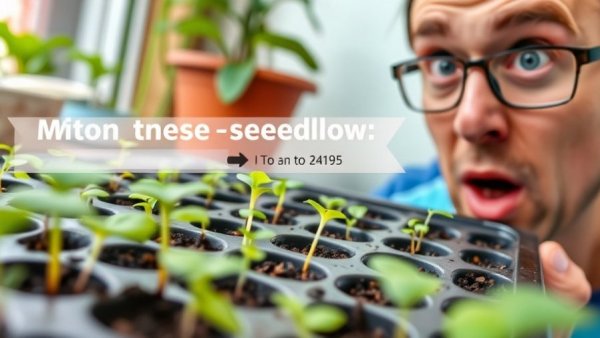 Neglected seedling tray with surprised expression, indoor seed starting.