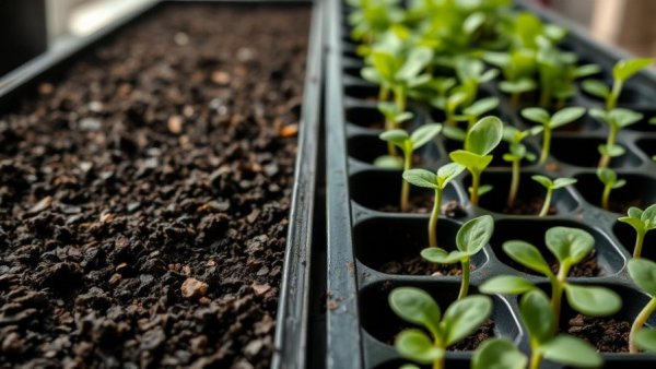 Seed trays with soil and emerging seedlings, easiest vegetables to start from seed.