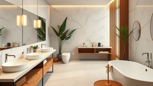 Luxurious modern bathroom decor with elegant lighting and design.