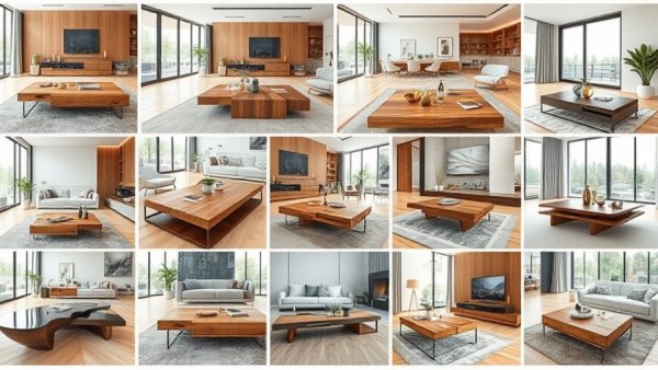 Modern coffee table designs 2026 showcasing diverse styles in elegant living rooms.