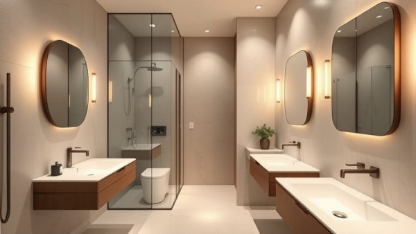 Elegant small bathroom interior design with modern fixtures and lighting.