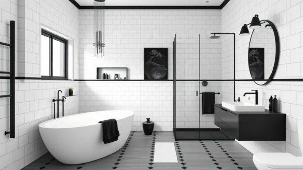 Elegant black and white bathroom decor with modern fixtures.