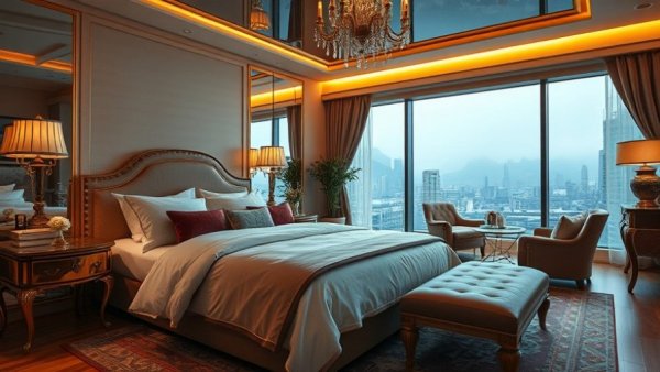 Luxurious bedroom design 2025 with elegant furnishings and ambient lighting.