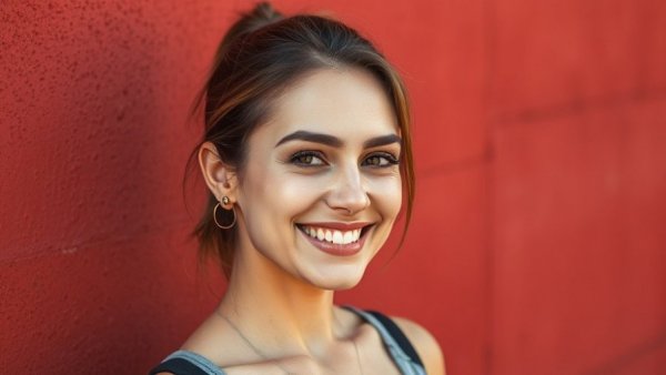 Smiling woman in casual pose against red wall, local climate-health stories.