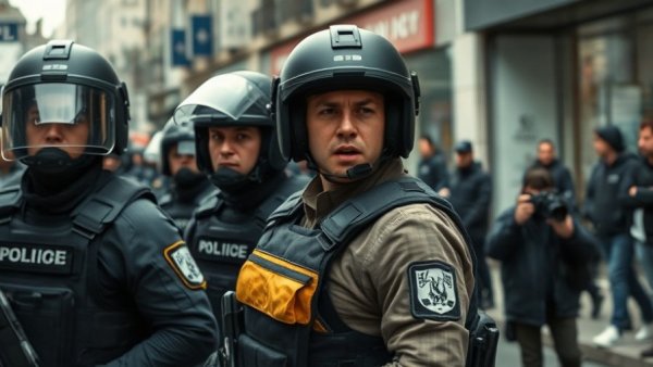 Journalist safety during protests with riot officers and press observer.