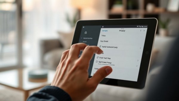 Smart home privacy controls on tablet in modern setting.