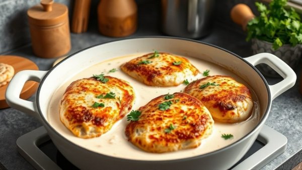Quick chicken cutlets with creamy sauce in a pan, garnished with parsley.
