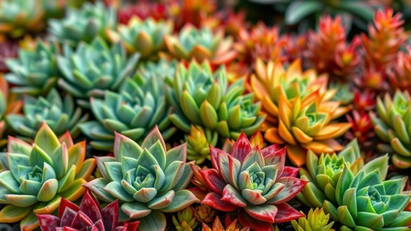 Vibrant hens and chicks succulents in garden, close-up.