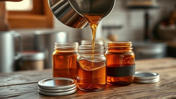 Pouring liquid into glass jars for homemade beauty products.