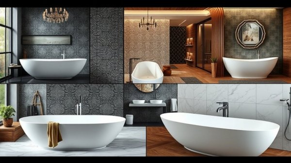 Diverse freestanding tub styles in modern bathrooms.